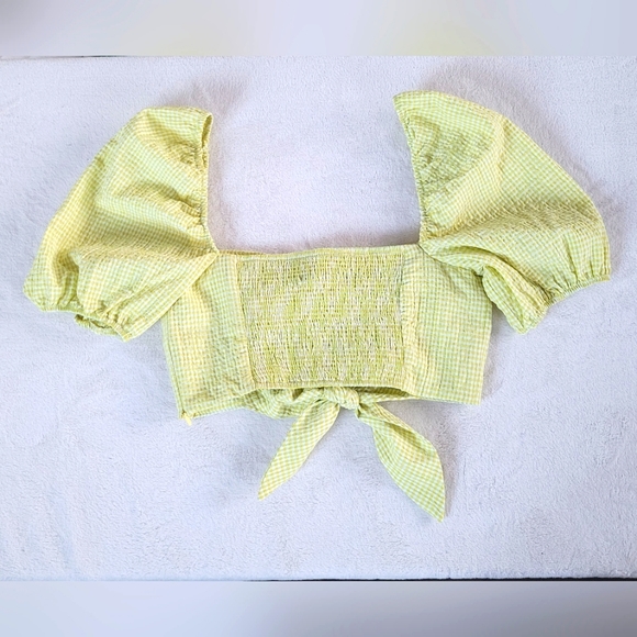 Zara NEW Lime Yellow Gingham Plaid Crop Bubble Sleeves Checkered Knot Zipper - Picture 4 of 15